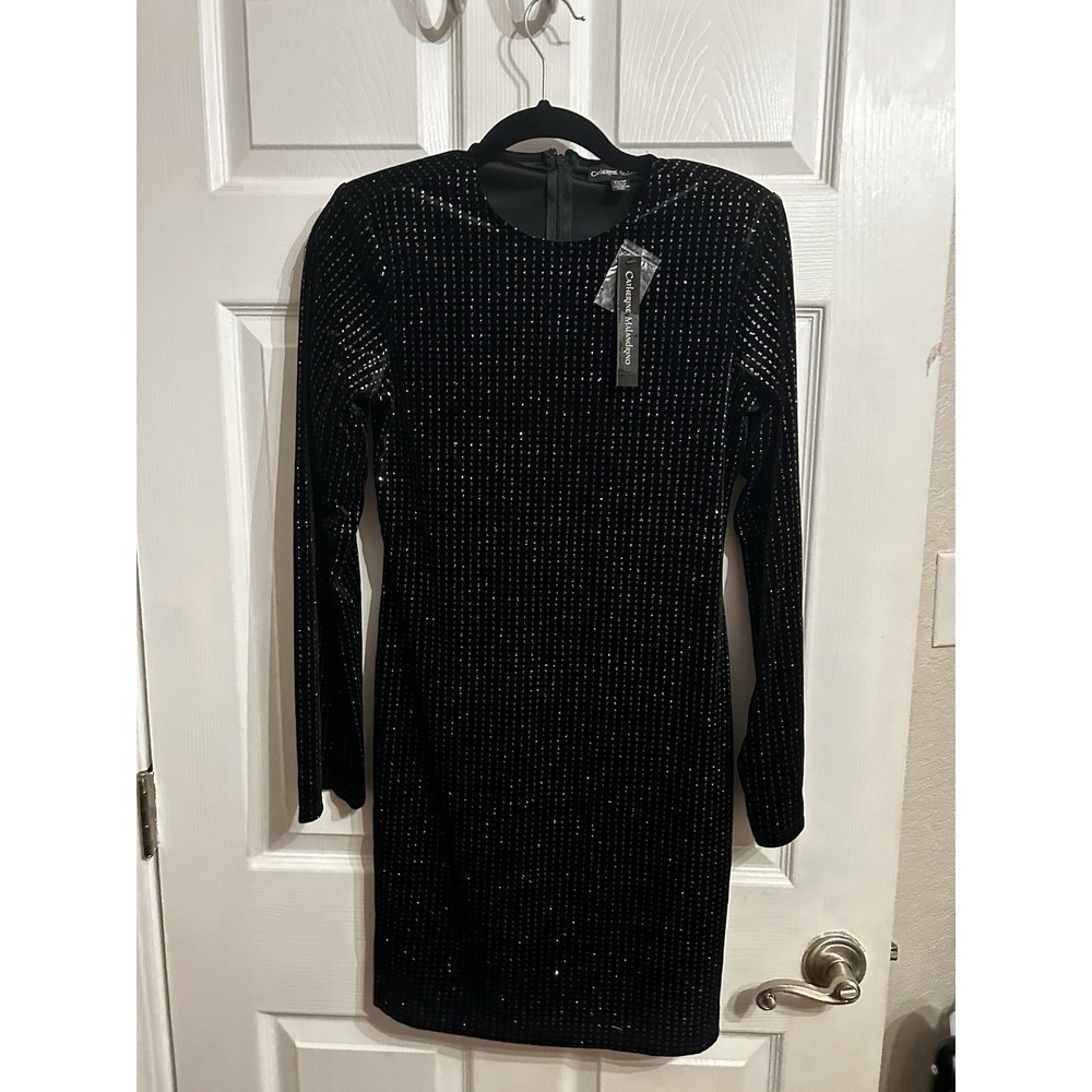 nwt catherine malandrino xs dress black silver velvet cocktail long sleeve